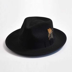 Breda randen hattar hink hattar vintage mjuk ull fedora hatt mode panama trilby jazz hatt fjäder dekoration gentleman fest män klädhattar y240425