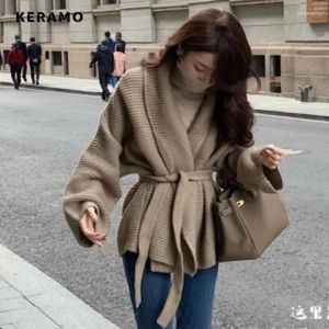 Women's Knits England Vintage Knitting Long Sleeve Casual Cardigan 2024 Autumn Winter Fashion V-Neck Solid Ladies Loose Sweater Top