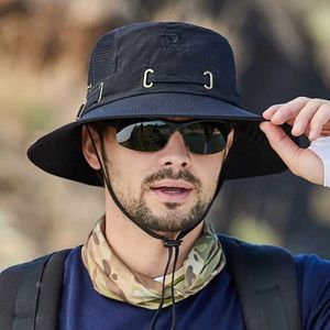 Wide Brim Hats Bucket Hats W22 Fisherman Hat Mens and Womens Mesh Breathable Outdoor Fishing Mountain Sun Hat Leisure Summer New Style 240424