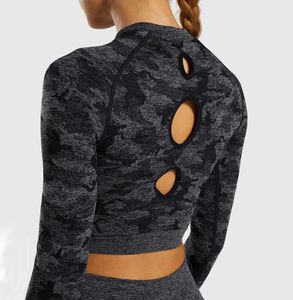 Camo Seamless Yoga Shirts Women Gym Crop Top Long Sleeves Running Sport TShirts Women Fitness Yoga Top Workout Tops5730941