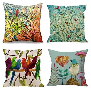 Kuddefodral Filial Bird Flower Linen Case SOFA CUSHION COVER Heminredning kan anpassas för dig 40x40 50x50 60x60 45x45 T240422