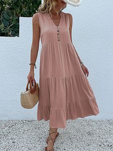 Jim Nora Casual Summer Midi Dres Ocleveless Tank V أزرار الرقبة الكشكش الفساتين فضفاضة الشاطئ Soild Sundress Fashion 240422