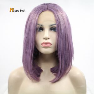 Temperament Purple Short Straight Wigs Hand Woven Synthetic Hair Front Lace Wig Transparent HD High Temperature Resistant Fiber Wig Cosplay