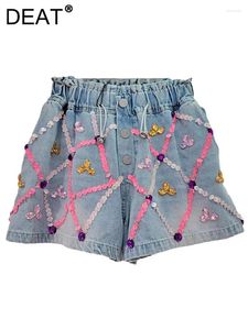 Kvinnors jeans kvinnor denim shorts färgade paljetter kristallplädet brett ben lös elastisk midja korta byxor 2024 sommarmode 11xx9094