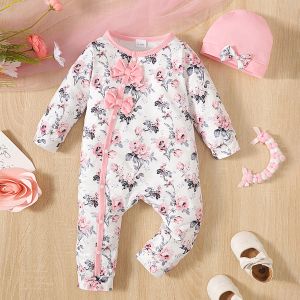 One-Pieces 2pcs Baby Girls Cute Floral Graphic Print Bowknot Long Sleeve Romper & Hat Set Clothes