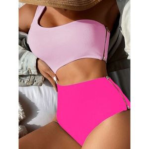 Sexy One Shoulder New Swimsuit Women's Pink Pull Lock with Chest Pads Digging Waist for Slimming Swimsuit