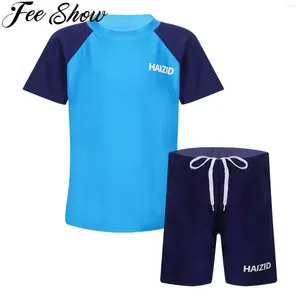 Giyim setleri çocuk iki parçalı mayo kısa kollu tişört şort renk blok patchwork seti mayo rashguard yüzme atletik mayo
