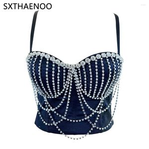 Women's Tanks SXTHAENOO 2024 Trendy Women Sexy Backless Cross Diamond Tassel Corset Club Top Carnival Party Costumes Comfort Sleeveless