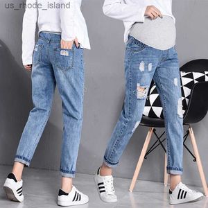 Maternidade Bottoms 2019 Spring Autumn Gretida Mulheres jeans coreanas Jeans com buracos calças de jeans soltas Maternidade Casual Belly calça rasgada Jeansl2404