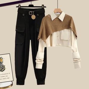 Spring Elegant Womens Hosen Set Strick -Schal -Hemd Casual Hohose drei Stück Set Female Casual Clothing Tracksuit F280 240424