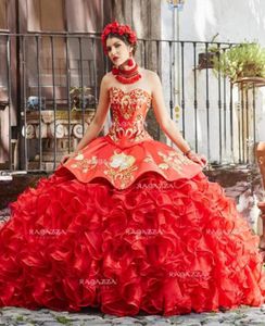 Органза красное мяч платье Quinceanera платья пышной вышивкой юбки Sweet 15 платья на заказ платье для выпускного вечера.