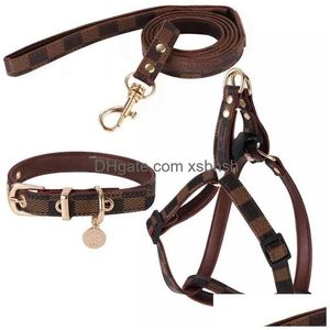 Dog Collars Leashes Step In Harness Leash Set Classic Brown Plaid Pattern Pet Collar With Metal Claw Prints Charm Soft Adjustable Dhdze