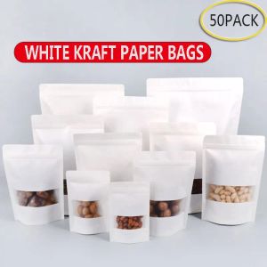 Bolsas 50pcs Sacos de papel Kraft brancos com zíper/zíper bloqueio chá de doce de chá seco embalagem de presentes à prova de umidade bolsa de janela aberta