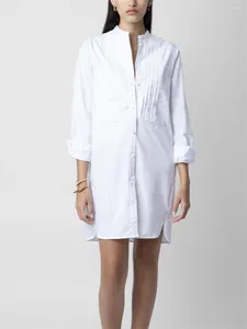 Kvinnors blusar 2024 White Summer Female Stand Collar Mini Robe broderi Kvinnor Singel Breasted Long Sleeve Slit Hem Dress Elegant