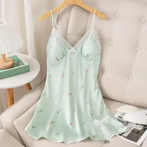 Kvinnors sömnkläder Kvinnor Spetsband Nattklänning Tryck Flower Chemise Nightwear Sexig Backless Nightdress Summer Satin Morning Gown Homewear