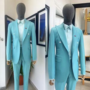 Anzüge neues Design Blue Men Suits Paceormade 2 Stücke Blazer Hosen ein Knopf breiter Ltexedo Business Hochzeit Plus Größe zugeschnitten