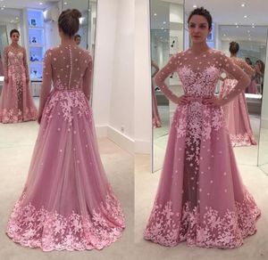 Pink Detachable Train Mermaid Evening Dresses Scoop Neck Full Sleeve With Appliques Flower Illusion Tulle Prom Gowns6744256