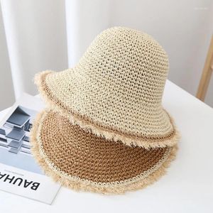 Berets Sommer Beach Eimer Hut für Frauen breitem Rand Sonnenschand koreanischer Strohhalm Häkelkante Mädchen Outdoor Fischerei Sonnenhüte