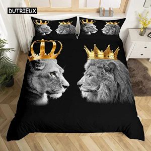 Set Wild Lion Par Black Däcke Cover King Size Gold King and Queen Crown Comporter Cover Tropical African Animal Bedding Set Decor