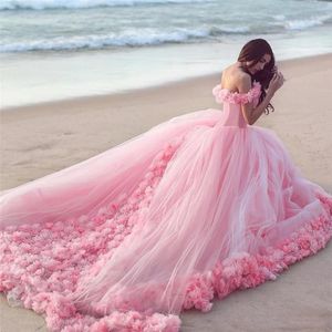 Pink Cloud 3D Flower Rose Wedding Dresses Long Tulle Puffy Ruffle Robe De Mariage Bridal Gown Said Mhamad Wedding Gown314s