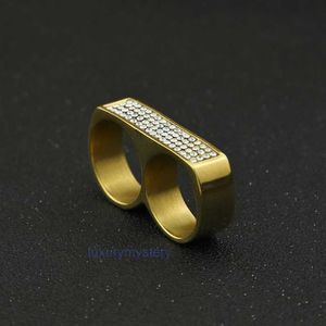Mens Double Finger Ring Fashion Hip Hop Jewelry High Quality Iced Out Stainless Steel Gold Rings