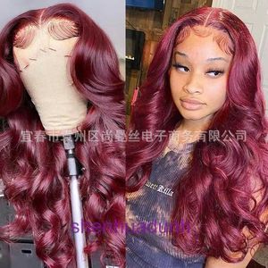 Wigs women human hair Lace wine red long curly wig womens center split large wave hot selling