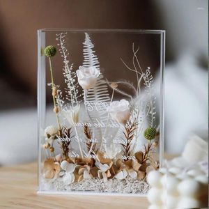 Decorative Flowers Natural Dried Rose Flower DIY Embossing Materials Pack Acrylic Frame Tabletop Display For Home Decor Accessories Birthday