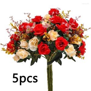 Flores decorativas 5pcs Casamento rosa rosa artificial buquê de seda noiva caseira sala de estar com decoração de decoração acessórios falsos flores