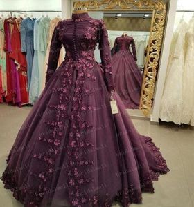 Purple Lace Appliques Long Sleeves Evening Dresses 2019 Muslim Prom Dress High Neck Formal Party Gowns Saudi Arabia Bridal Dress P1882415