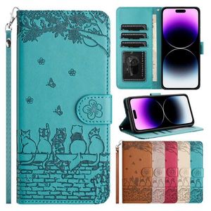 Cell Phone Cases Wallet Cat Embossed Flip Over Leather Case For iPhone 15 Pro Max 14 Plus 13 Mini 12 Pro 11 SE 2022 2020 X XS Max XR 8 7 Plus 240423