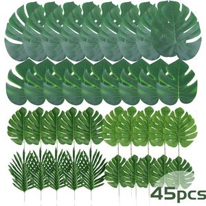 45pcs de palmeira artificial folhas verdes tropicais verdes falsa para o havaiano luau para o chá de bebê decorações de aniversário 240425