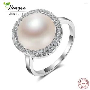 Cluster Rings Hongye Authentic 925 Sterling Silver Elegant Beauty 12mm Big White Freshwater Pearl Ring For Women Wedding Fine Jewelry Gift