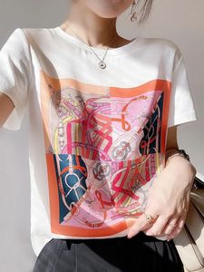 Sumn Satin Silk White T-shirt Luxry Sense For Ladies O-Neck Satynowa bawełniana Towala Kobiet Kobiety Multi-Picture Options 240425