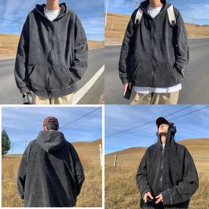 Толстовка мужских толстовок Американская ретро -толстовки с капюшоном Zip Up Cardigan Hoodie Haruku Vintage Streetwear Man Loose Jacket Осень 2023 230721