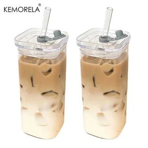 Tumblers 1/2pc كوب زجاج قهوة مقاوم للمربع مع غطاء وقش شاي الحليب الشفاف القدح لبار المنزل HOME H240504