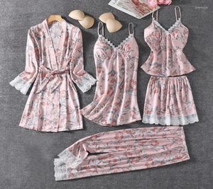 Women039S Sleepwear Pajamas Set Lady 5pcs with Pants yimono Robe Gown Satin Nightwear Lace Intimate Lingerie Sexy Spring Lounge5710707