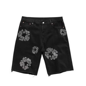 flower Mens Jeans shor Summer Cotton Denim Shorts Men's Fashion Casual Flowers Denim Short Men Streetwear Button Fly s black light wash blue Hip hop Button fly jeans