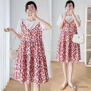 Mutterschaftskleider koreanischer Stil Mutterschaft 2024 Sommerkleid Puff Ärmel Schwangerschaft Ballkleid Kleid Mode Druck schwangere Frau Mini Kleid süß