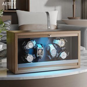 Cases Watch Winders Box 6 Slots Black Walnut Grain Wooden Fully Automatic Watch Upwind Cover Open Stop with LED Light TPD 68 Rotator