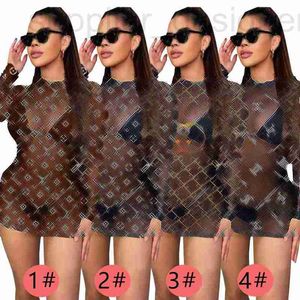 Runway Dresses designer Fashion Women's DD6669 Sexy Slim Height Elastic Round Neck Long Sleeve Perspective Mesh Wrapped Hip Midskirt LY9C