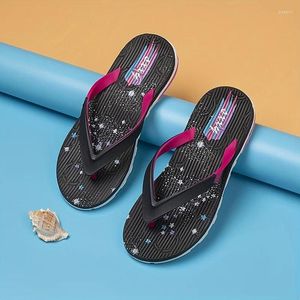 Sıradan Ayakkabı Kadın Yıldızı Baskılı Renkblok Düz Flip Flops Hafif Açık Ayak Parmağı Olmayan Tanga Slaytları Açık Plaj Terlikleri