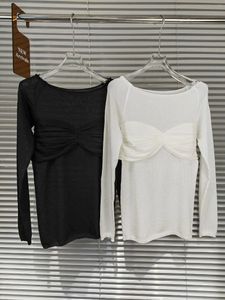 Women's Blouses Early Autumn 2024 Fashion Light And Thin Pleated Sexy Perspective One Line Neck T-shirt Top White