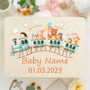 Box Personlig babybox Forest Animals Train Print Toddler Memory Box Kids Träbox Anpassad spädbarn Keepsak Box Baby Shower Gift