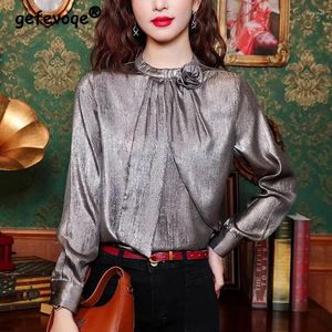 Women's Blouses Spring Autumn Elegant Fashion Folds Ribbon Shirt Female Long Sleeve Vintage Stand Collar Irregular Blouse Women Pullover