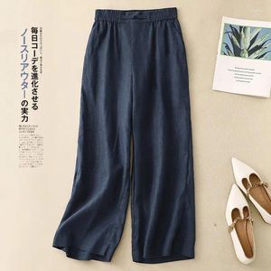 Women's Pants Chinese Style Buttoned Cotton And Linen Wide Leg 2024 Summer Commuting 9-point Loose Fitting Straight