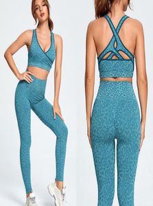 Yoga Outfit Seamless Gym Set Sports Suits High Waist LeggingsPush Up Bra Vest 2 Peice Leopard Sportswear Women Fitness2816881