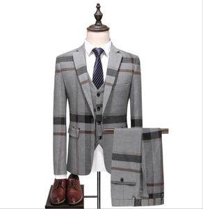 Grey Mens Vintage Plaid Suits British Style Slim Notch Lapel Groom Party Tuxedo Wedding Tuxedos Formal Prom Suit JacketPantsVes2844845