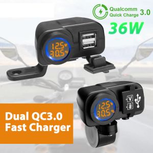 Drukarki QC3.0 Motocyklowa podwójna ładowarka USB Szybka ładowanie Voltmeter termometr cyfrowy Wyświetlacz 36 W Gniazdo ładowarki telefonu komórkowego