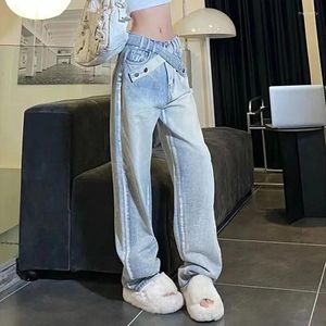 Jeans da donna American High Waist Retro Straight for Women Fashion Botton Belt Design Woman Y2K Streetwear Denim Wide Leg Pants