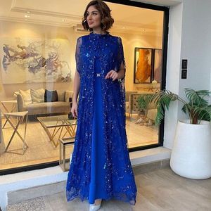 2024 Sexy Mother of the Bride Dresses Royal Blue High Lace Appliques in pizzo Appliques perle in cristallo con giacca Avvolgono una linea abiti da matrimonio per ospiti lunghezza del pavimento